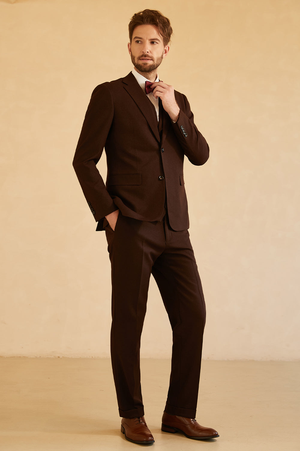 Notched Lapel To Button Dark Brown 3 Piece Suit Wedding