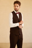 Notched Lapel To Button Dark Brown 3 Piece Suit Wedding
