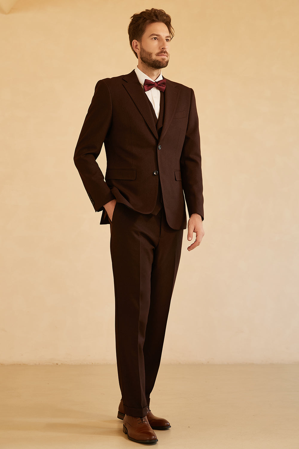 Notched Lapel To Button Dark Brown 3 Piece Suit Wedding