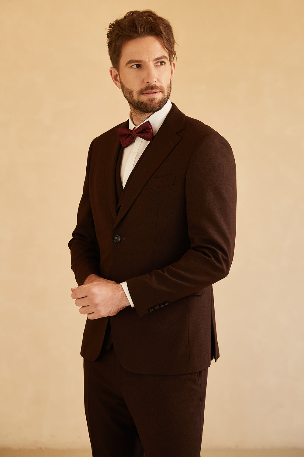 Notched Lapel To Button Dark Brown 3 Piece Suit Wedding