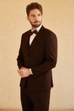Notched Lapel To Button Dark Brown 3 Piece Suit Wedding