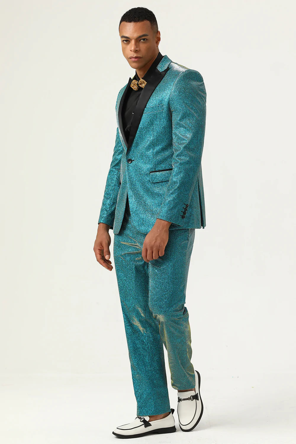 Glitter Peacock Blue Peak Lapel 2 Piece Menn Suits