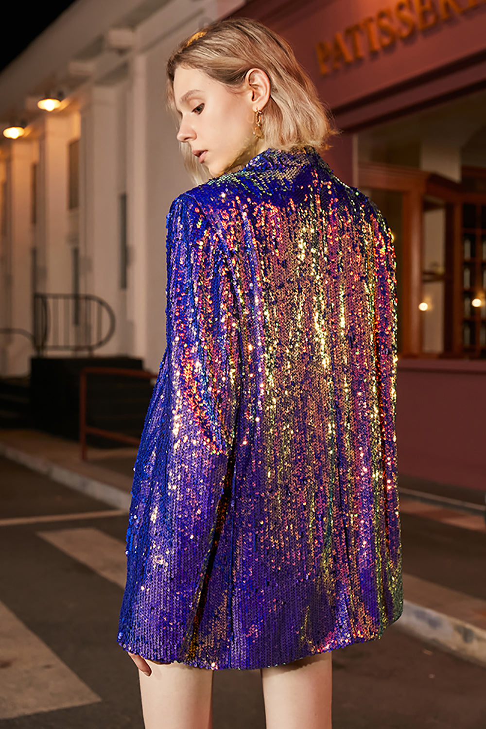 Sparkly Purple Paljetter Overdimensjonert Longline Prom Blazer for kvinner
