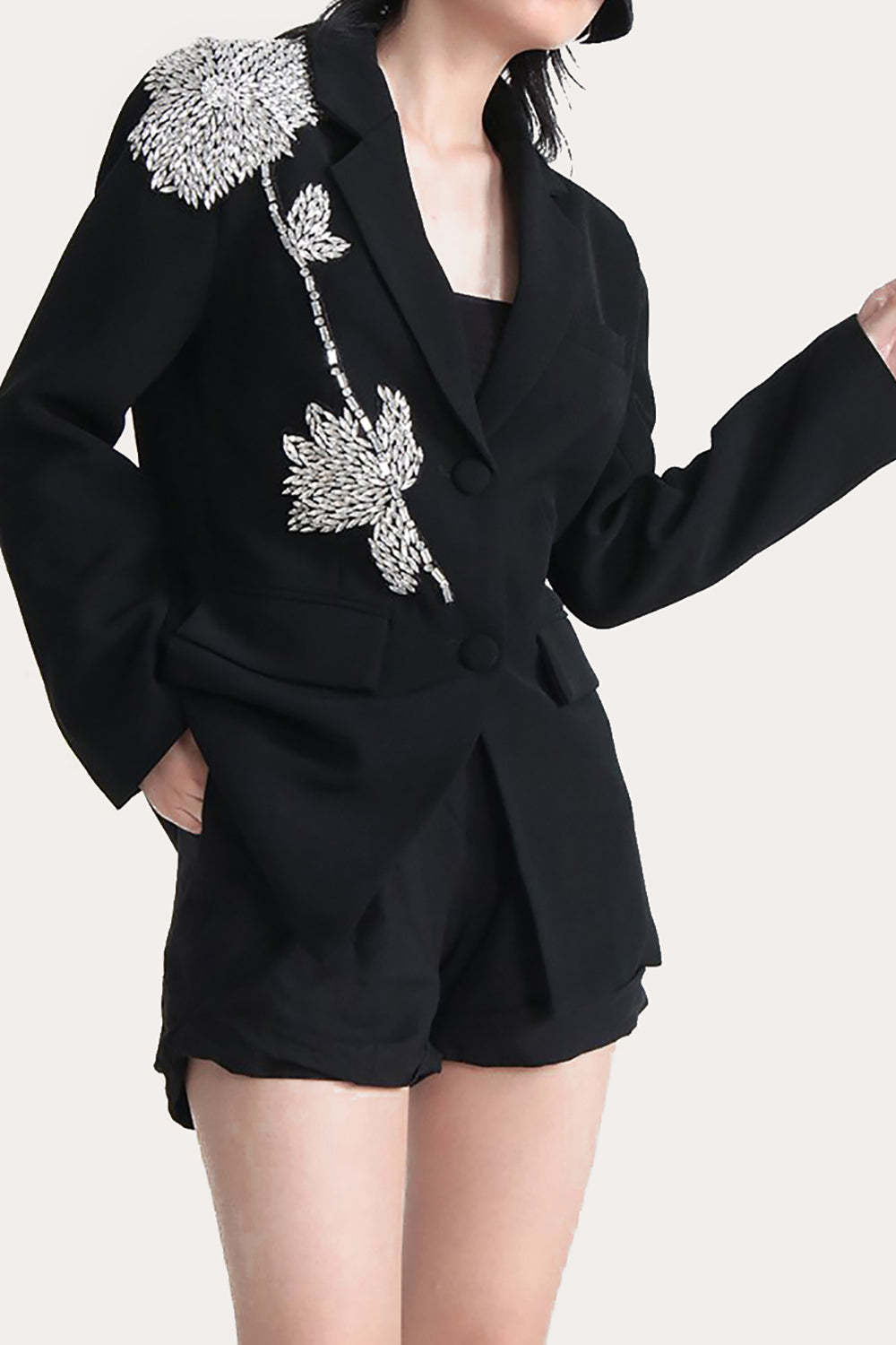 Sparkly Black Beaded Hakket Lapel Women Prom Blazer