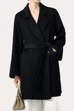 Svart hakket lapel midi dame ullfrakk med belte