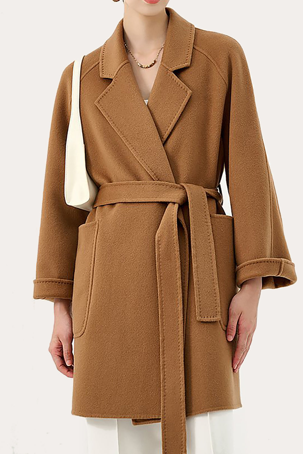 Svart hakket lapel midi dame ullfrakk med belte