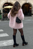 Rosa åpen front shearling fuskepels lang raggete pels
