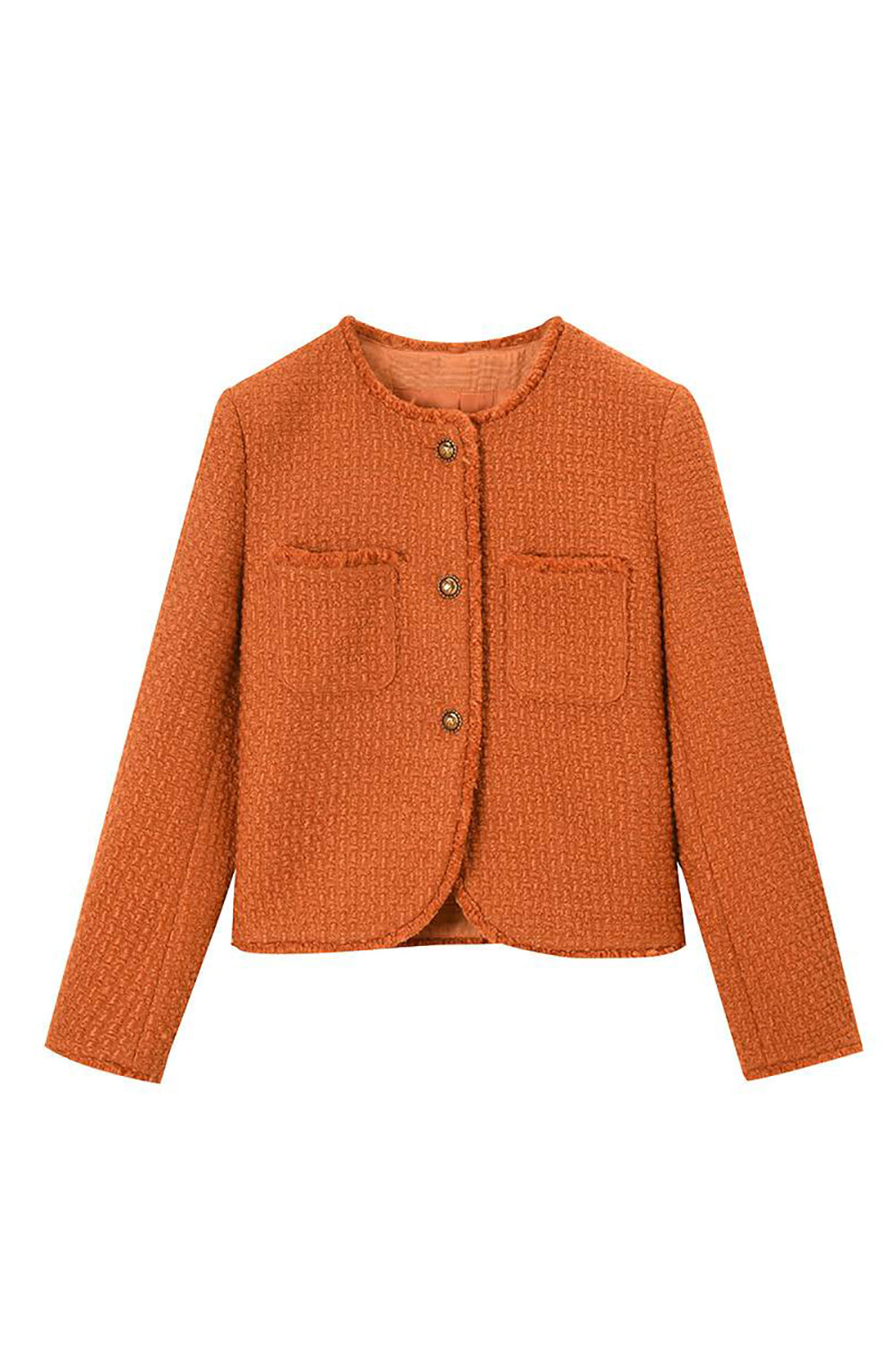 Oransje Tweed Sjal Lapel Knapp Beskåret Kvinner Frakk