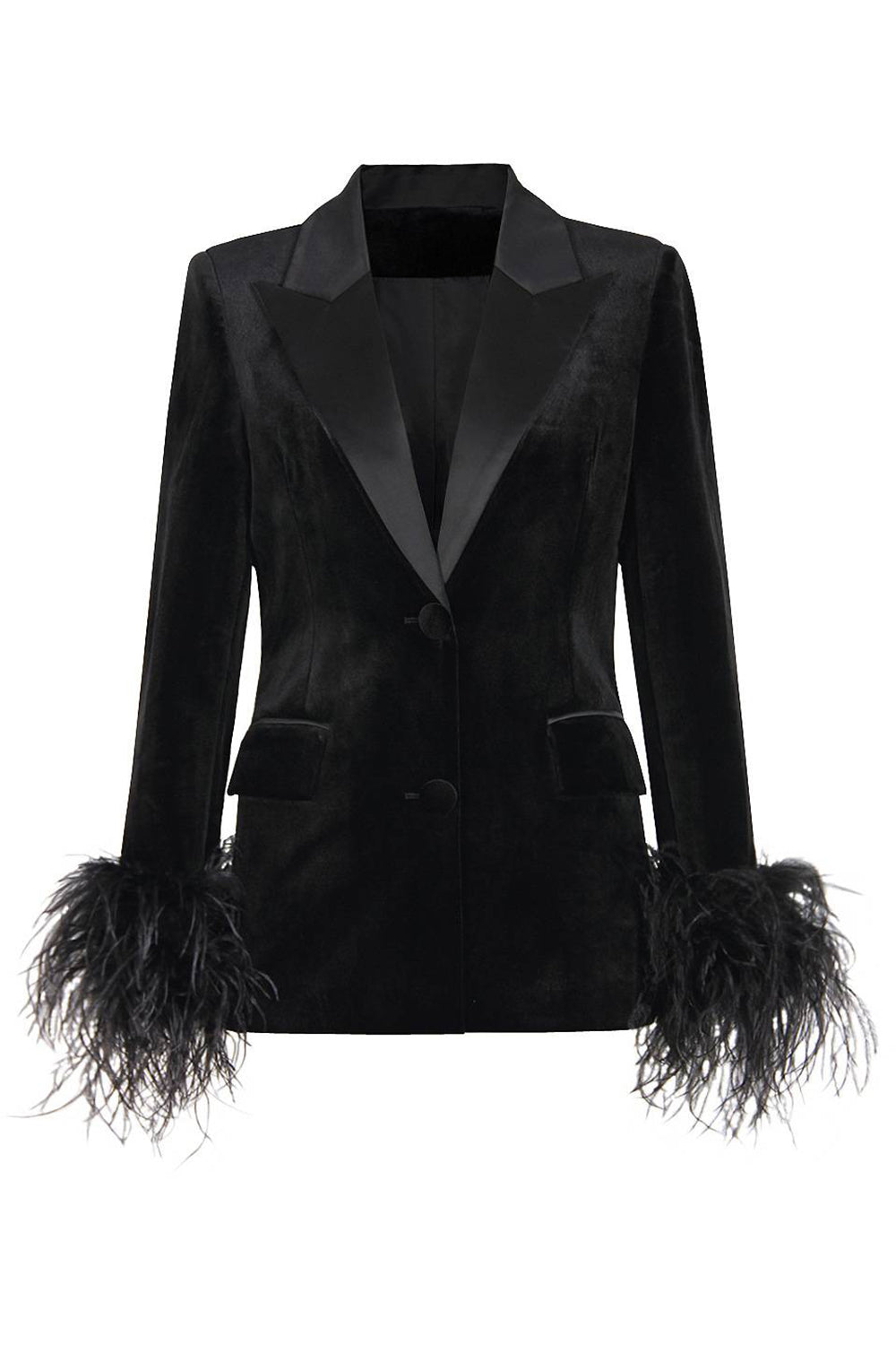 Black Velvet Peak Lapel Women Coat med fjær