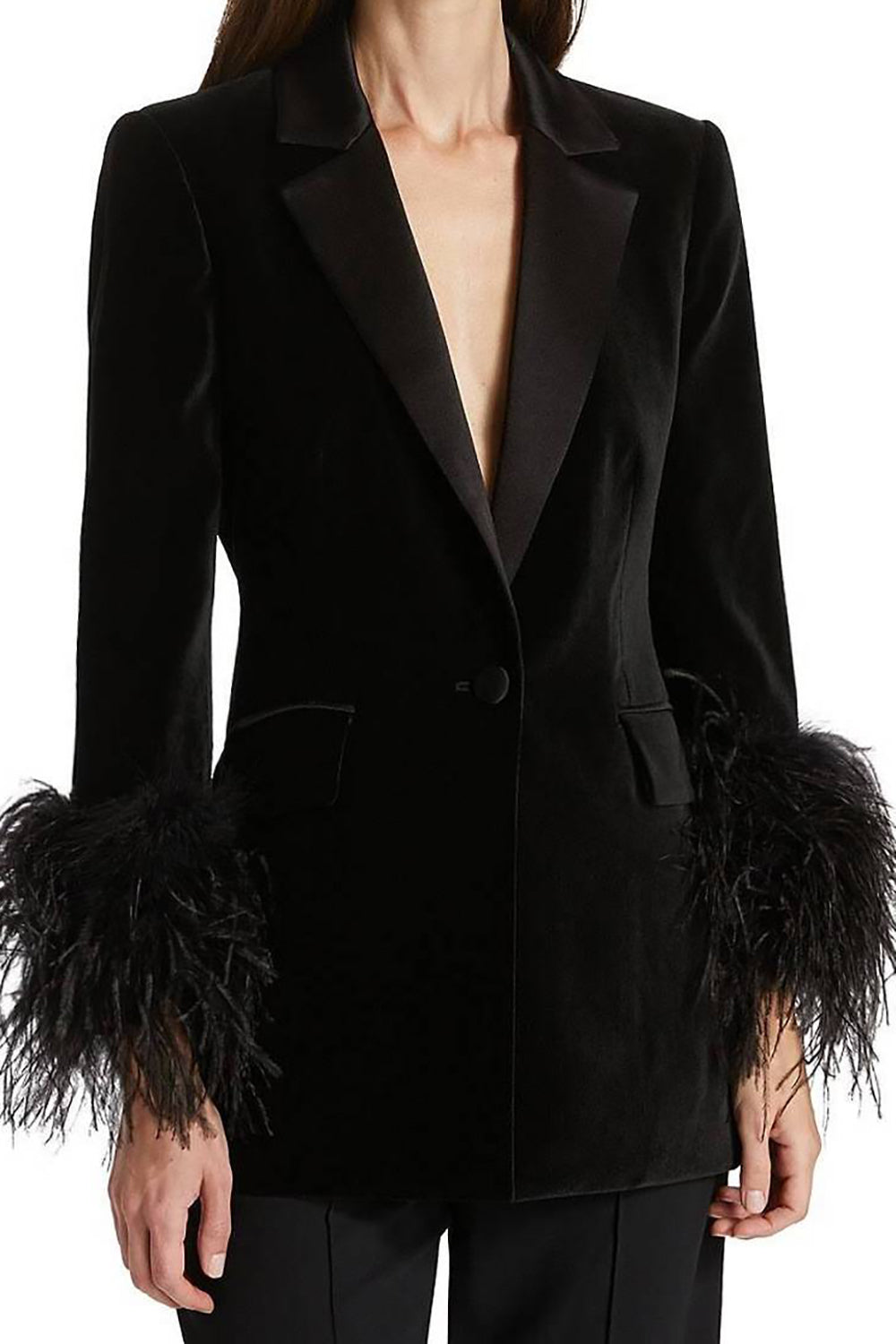 Black Velvet Peak Lapel Women Coat med fjær