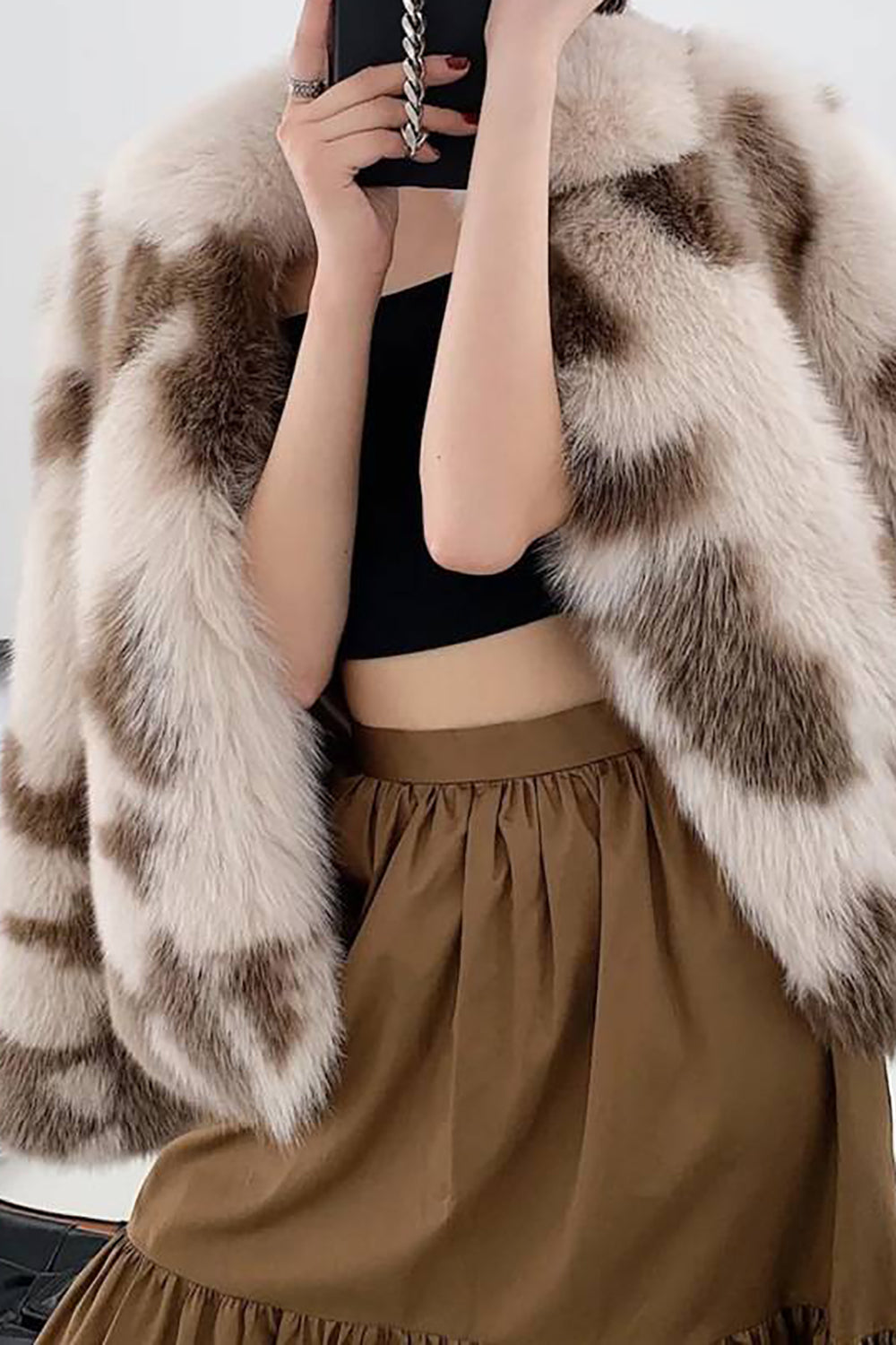 Khaki sjal lapel midi fuskepels shearling pels