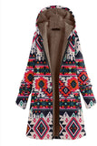 Navy Fleece Hooded Long Sleeves Trykt Kvinner Christmas Coat