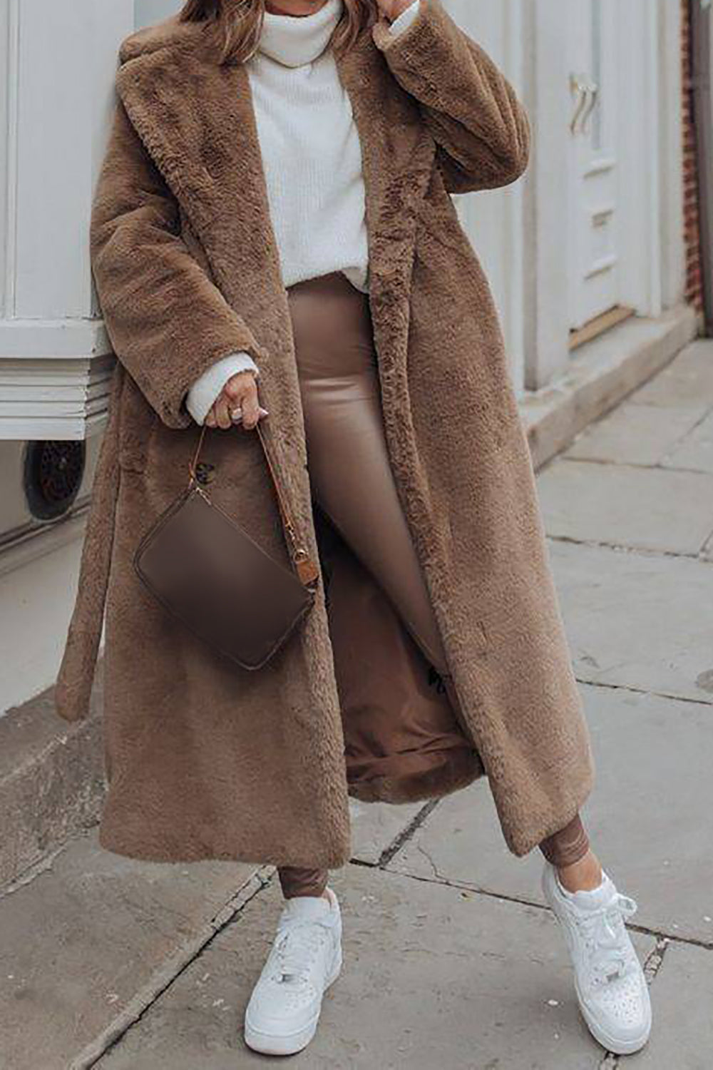 Khaki Faux Fur Shearling Long Open Front Coat med belte
