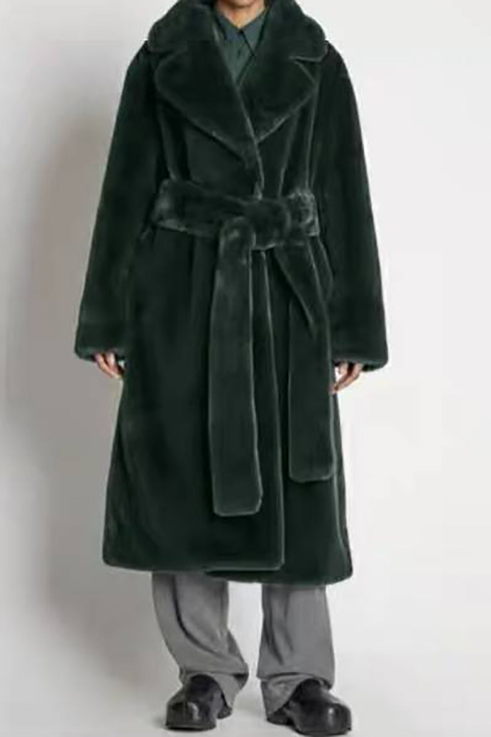 Khaki Faux Fur Shearling Long Open Front Coat med belte