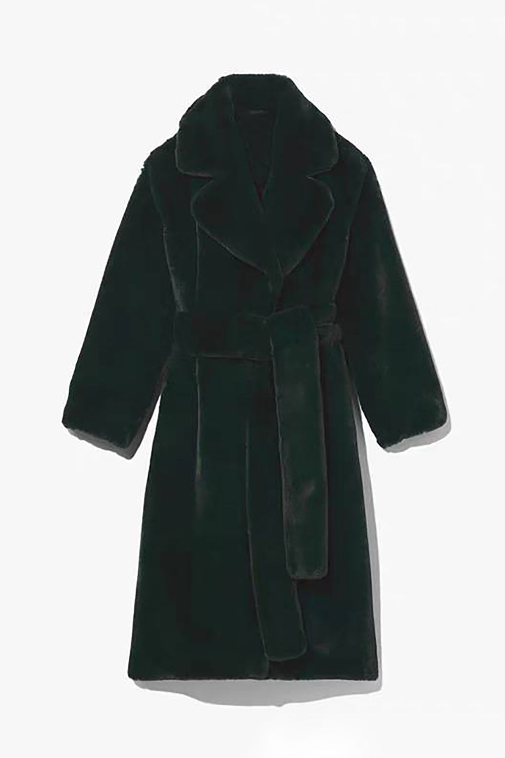 Khaki Faux Fur Shearling Long Open Front Coat med belte