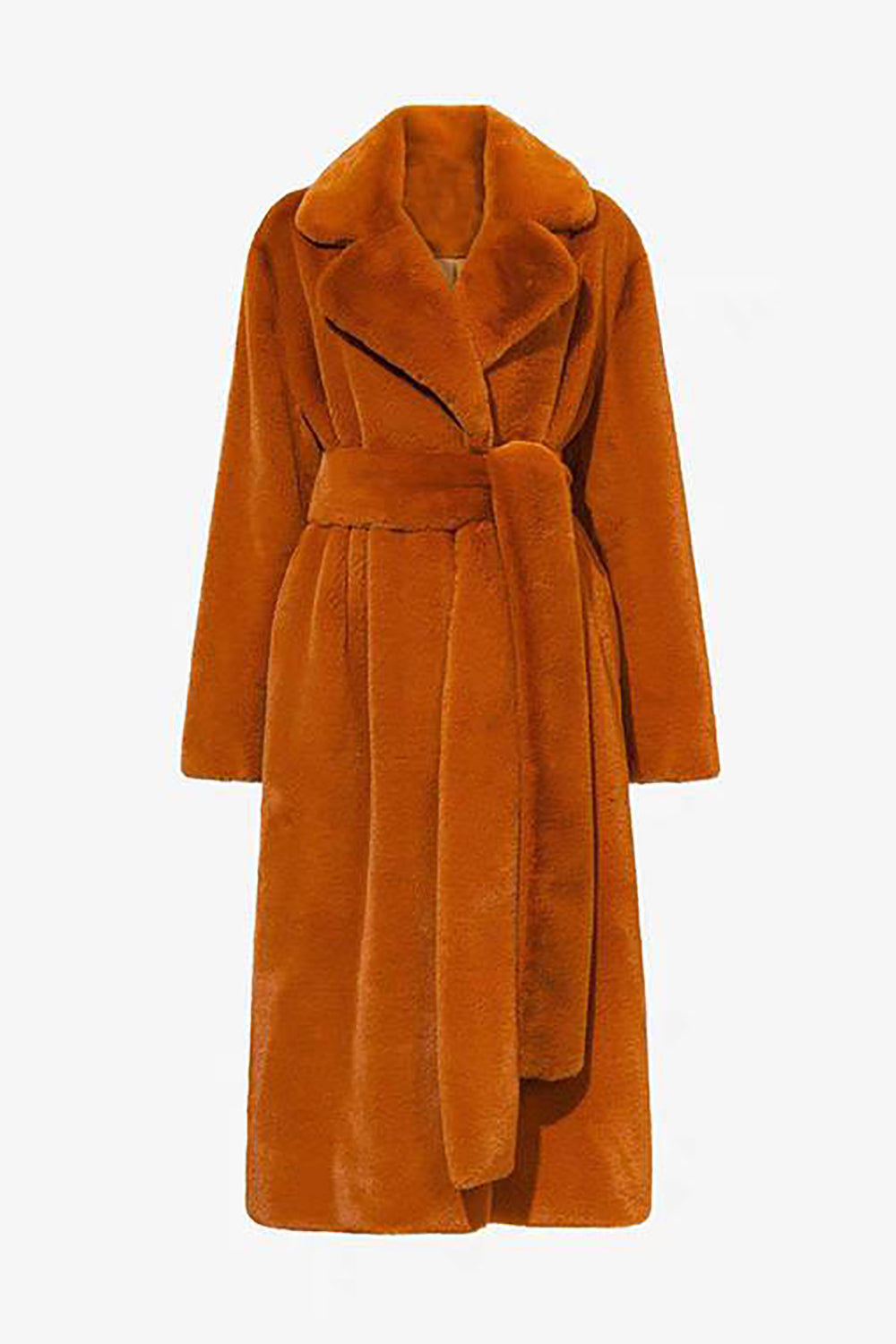Khaki Faux Fur Shearling Long Open Front Coat med belte