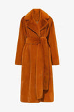 Khaki Faux Fur Shearling Long Open Front Coat med belte