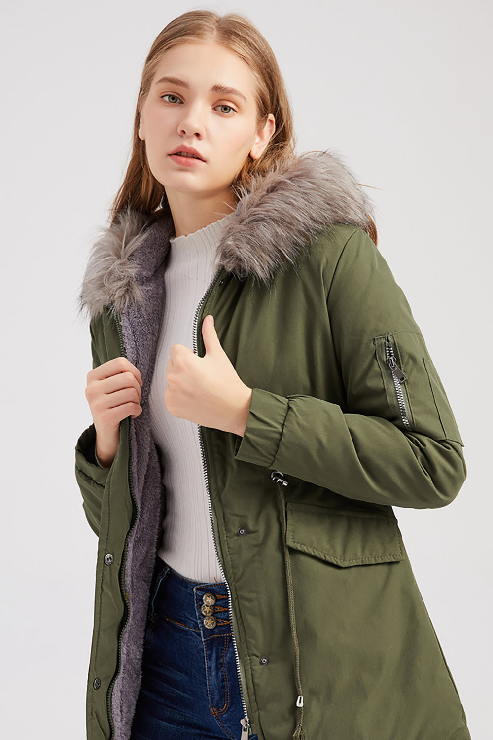 Army Green Mid-Lengde hette Winter Warm Plus Fleece Coat