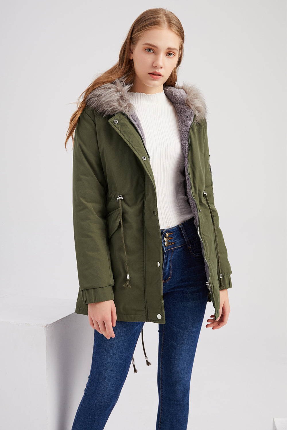Army Green Mid-Lengde hette Winter Warm Plus Fleece Coat