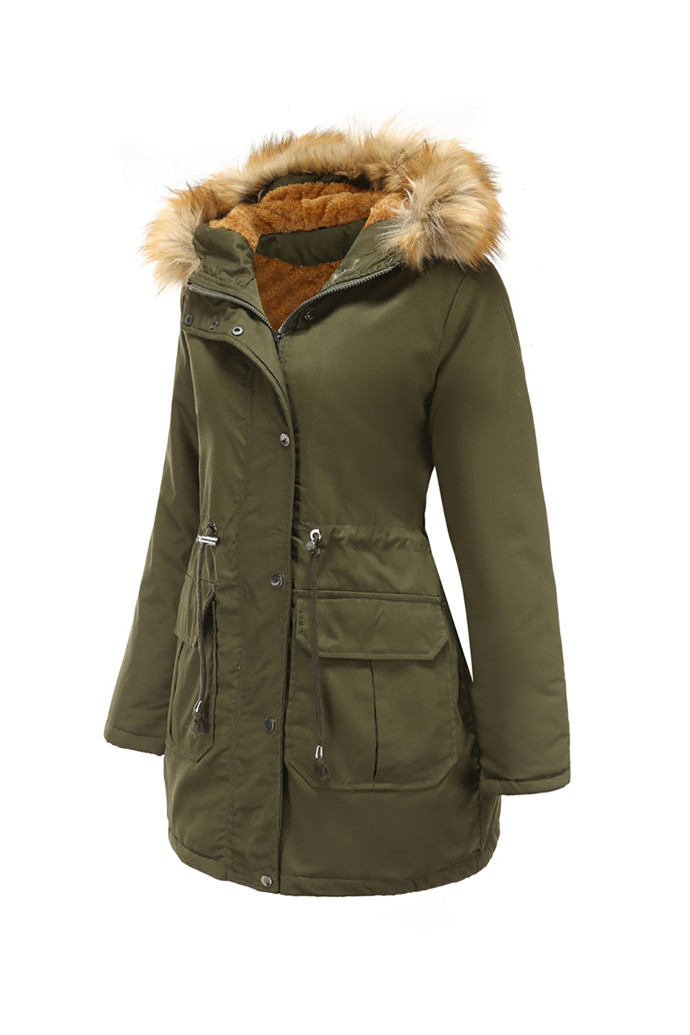 Army Green Fur krage Drawstring Midje Fortykket Mid Coat