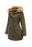 Army Green Fur krage Drawstring Midje Fortykket Mid Coat