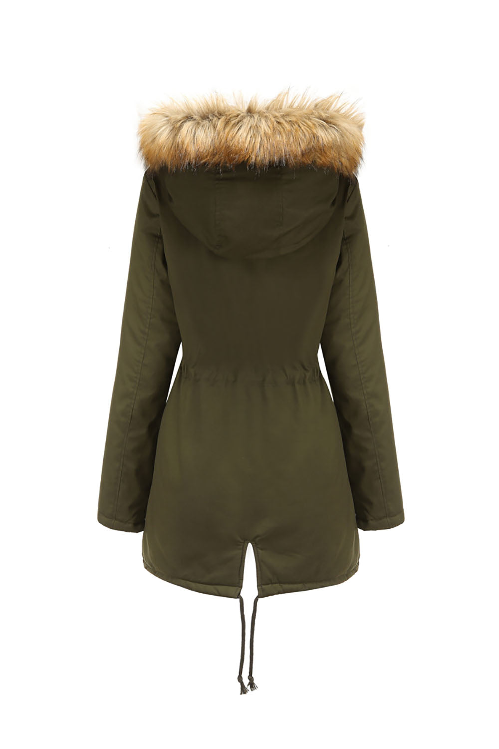 Army Green Fur krage Drawstring Midje Fortykket Mid Coat