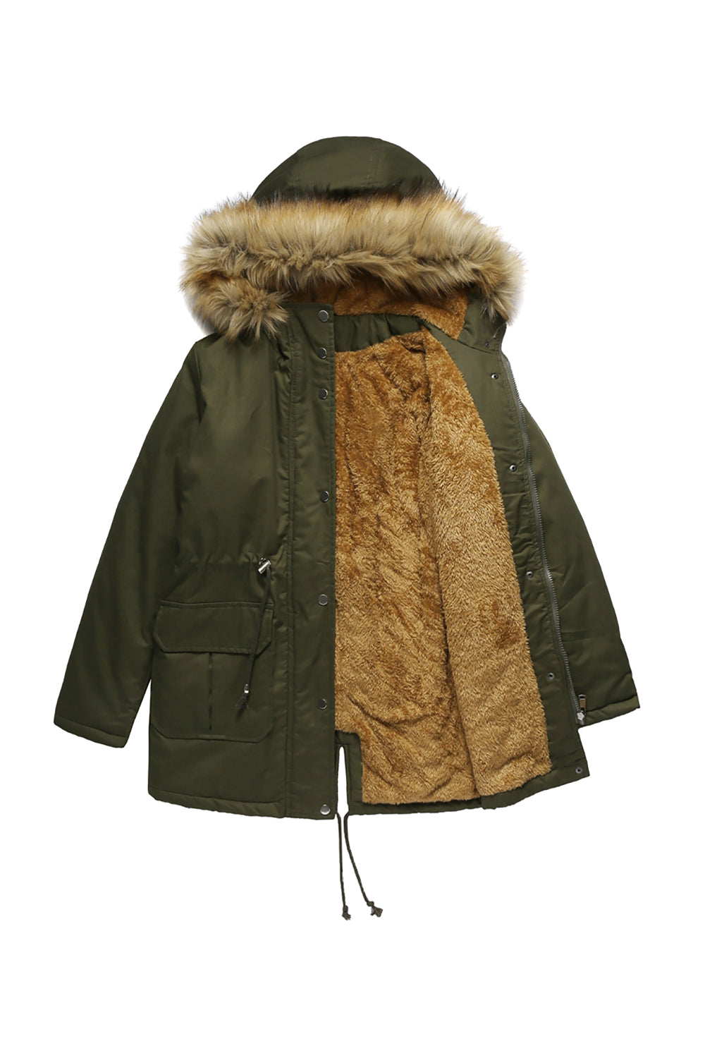 Army Green Fur krage Drawstring Midje Fortykket Mid Coat