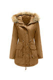 Army Green Fur krage Drawstring Midje Fortykket Mid Coat