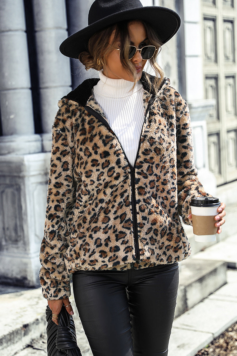 Grey Leopard Fleece hette Zip Up Coat