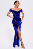 Av skulderen Royal Blue Velvet Holiday Party kjole med Slit