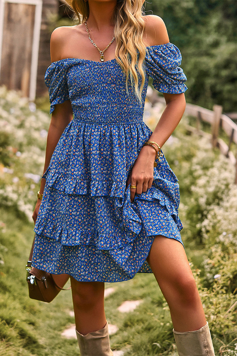Av skulderen Black Floral Print Summer Dress