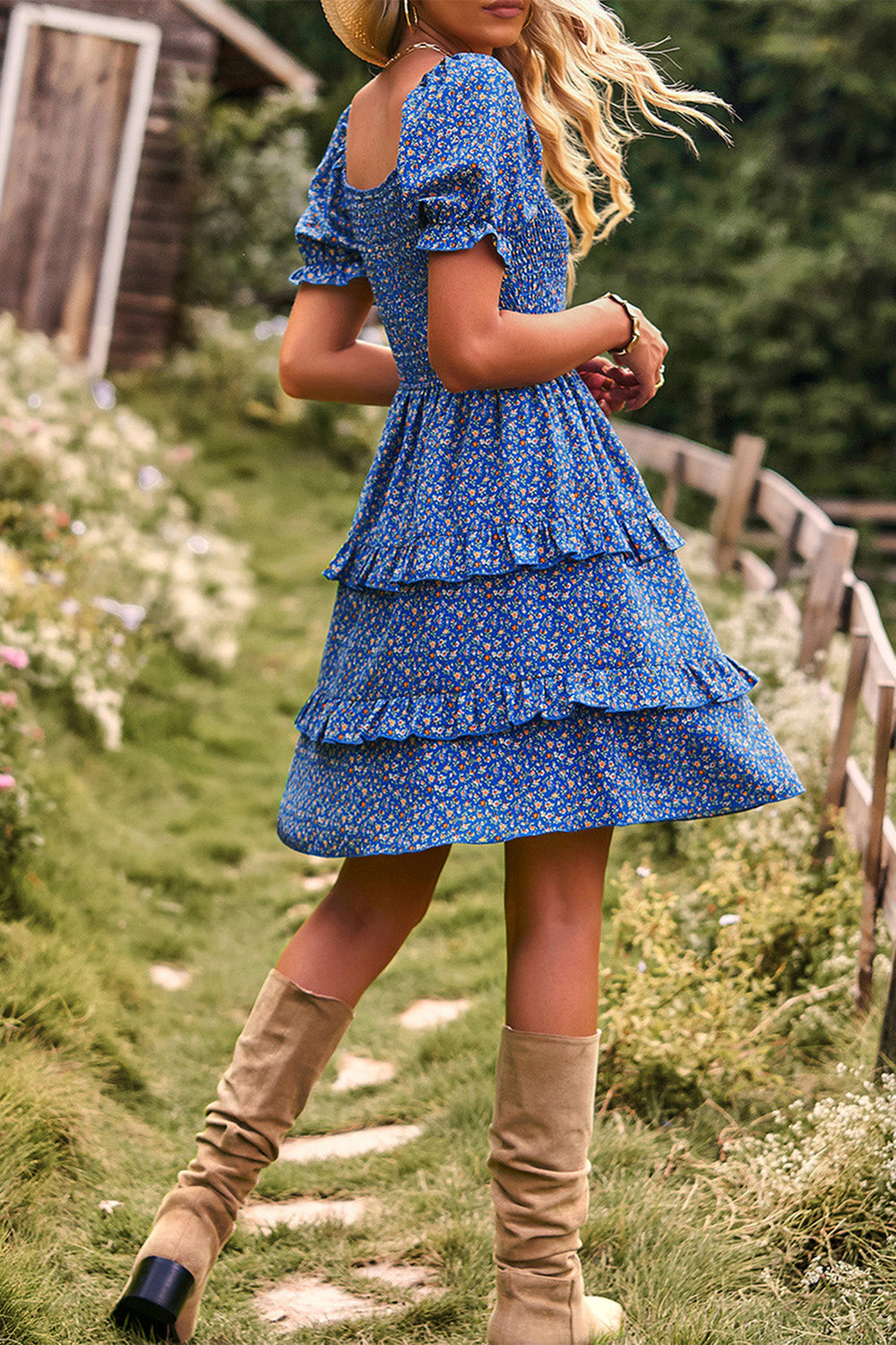 Av skulderen Black Floral Print Summer Dress