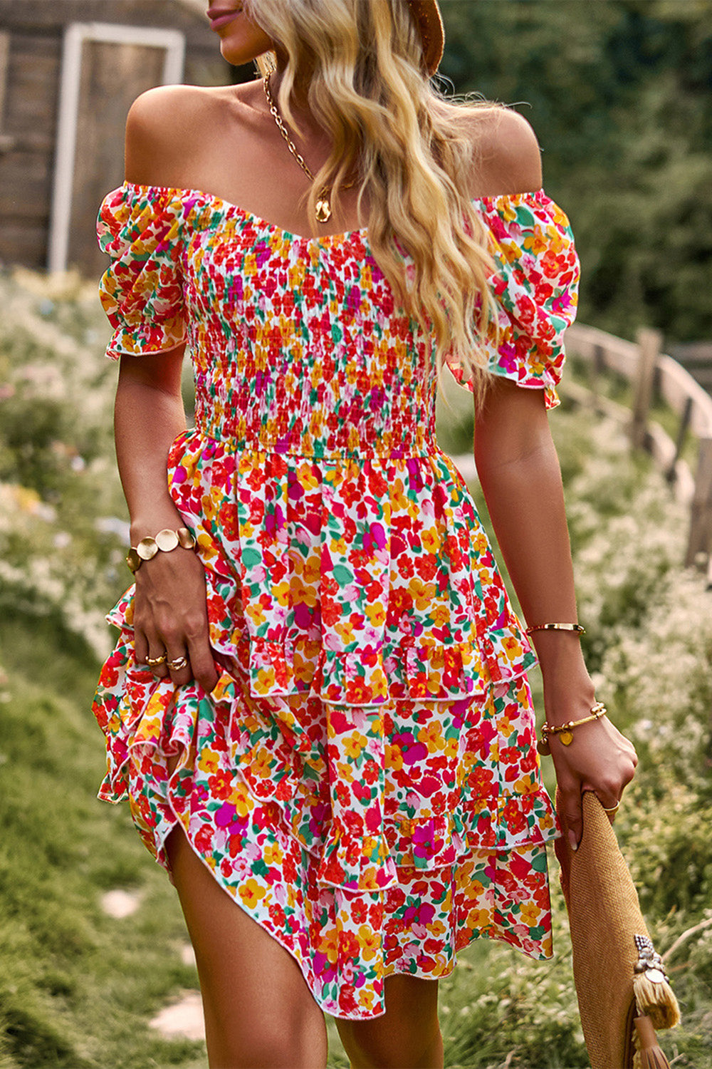 Av skulderen Black Floral Print Summer Dress