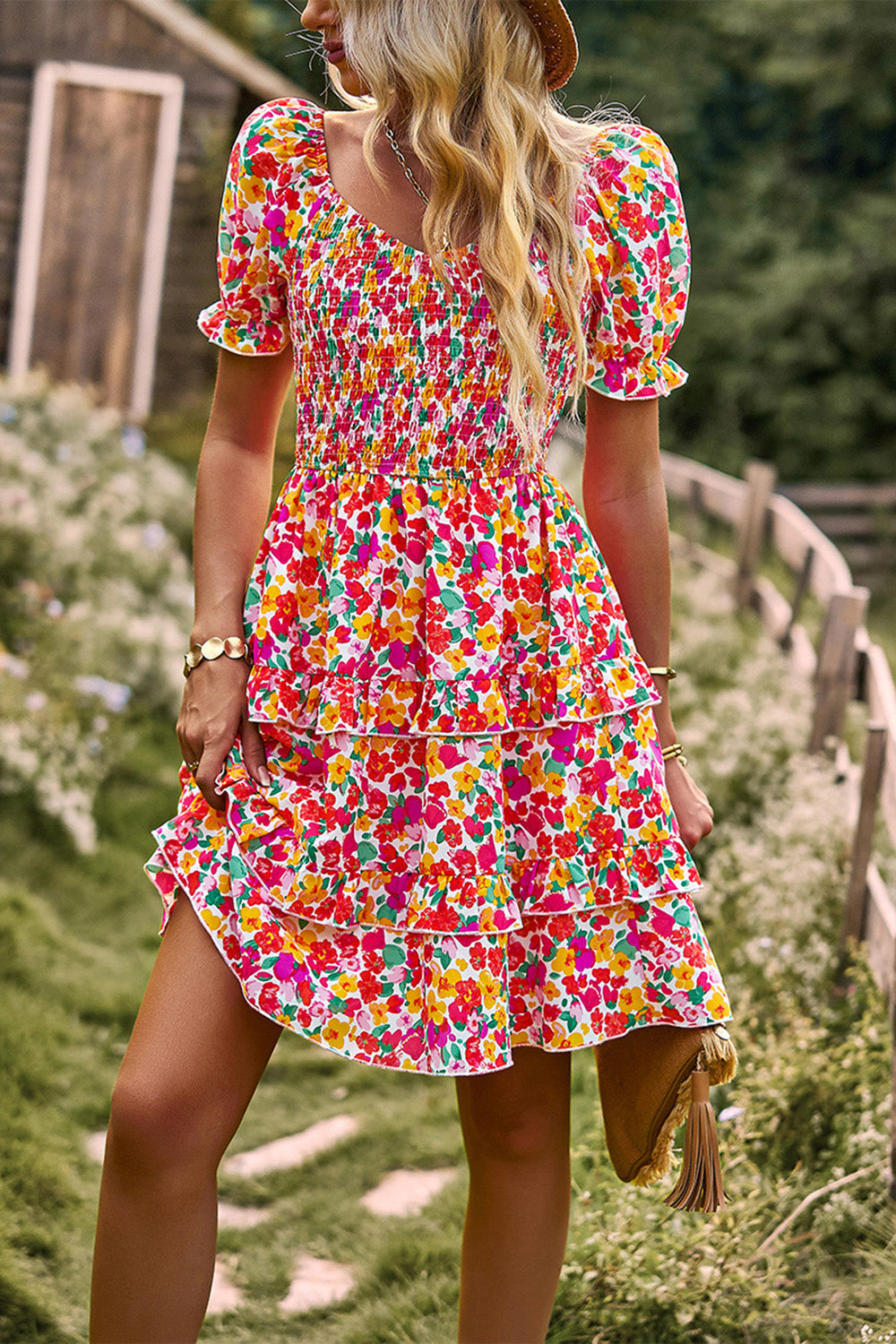 Av skulderen Black Floral Print Summer Dress