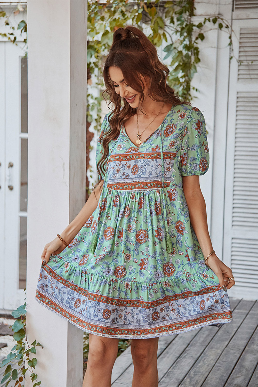 V Neck Bohemian Style Trykt Blå sommerkjole