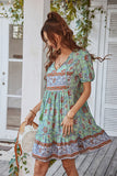 V Neck Bohemian Style Trykt Blå sommerkjole