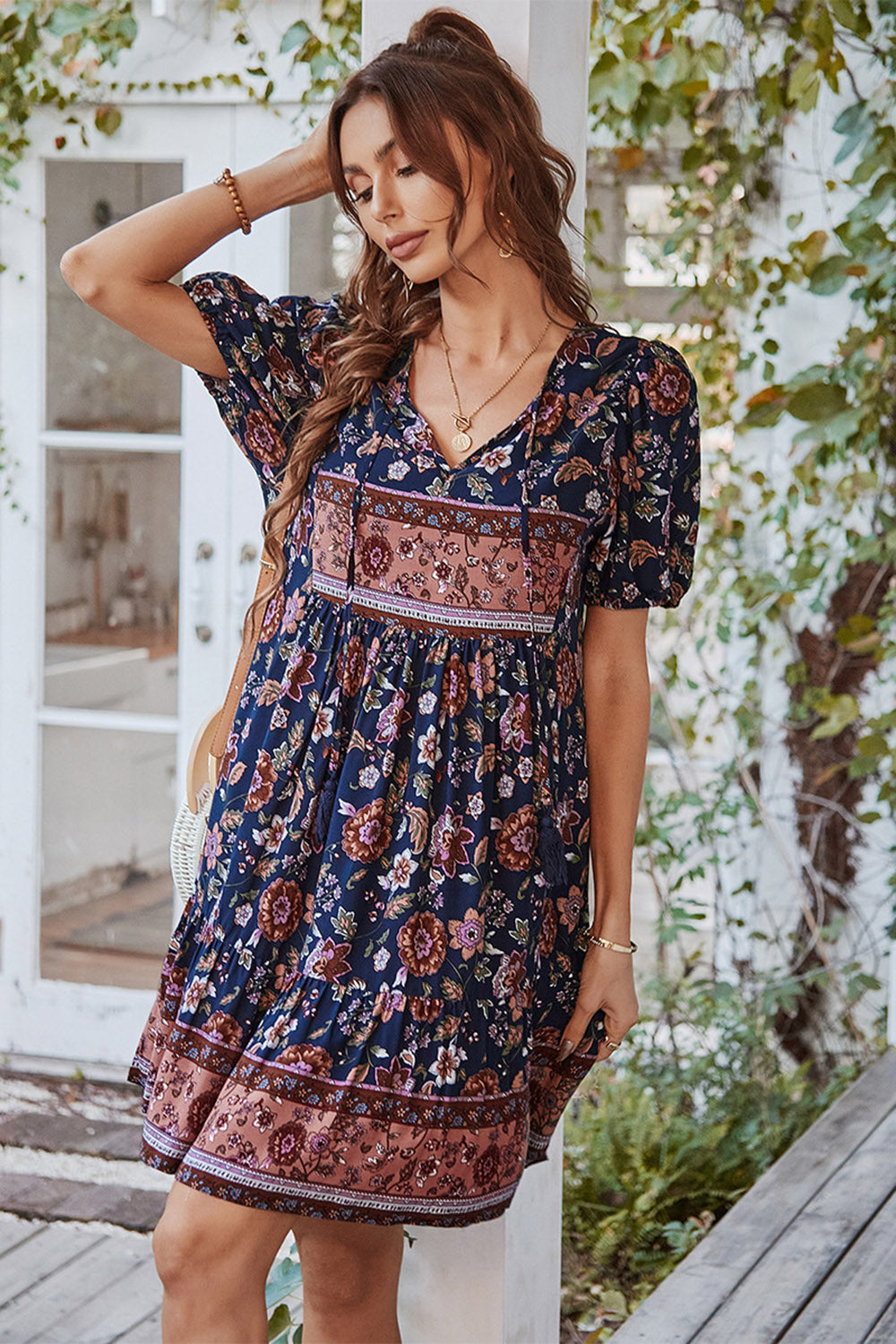 V Neck Bohemian Style Trykt Blå sommerkjole