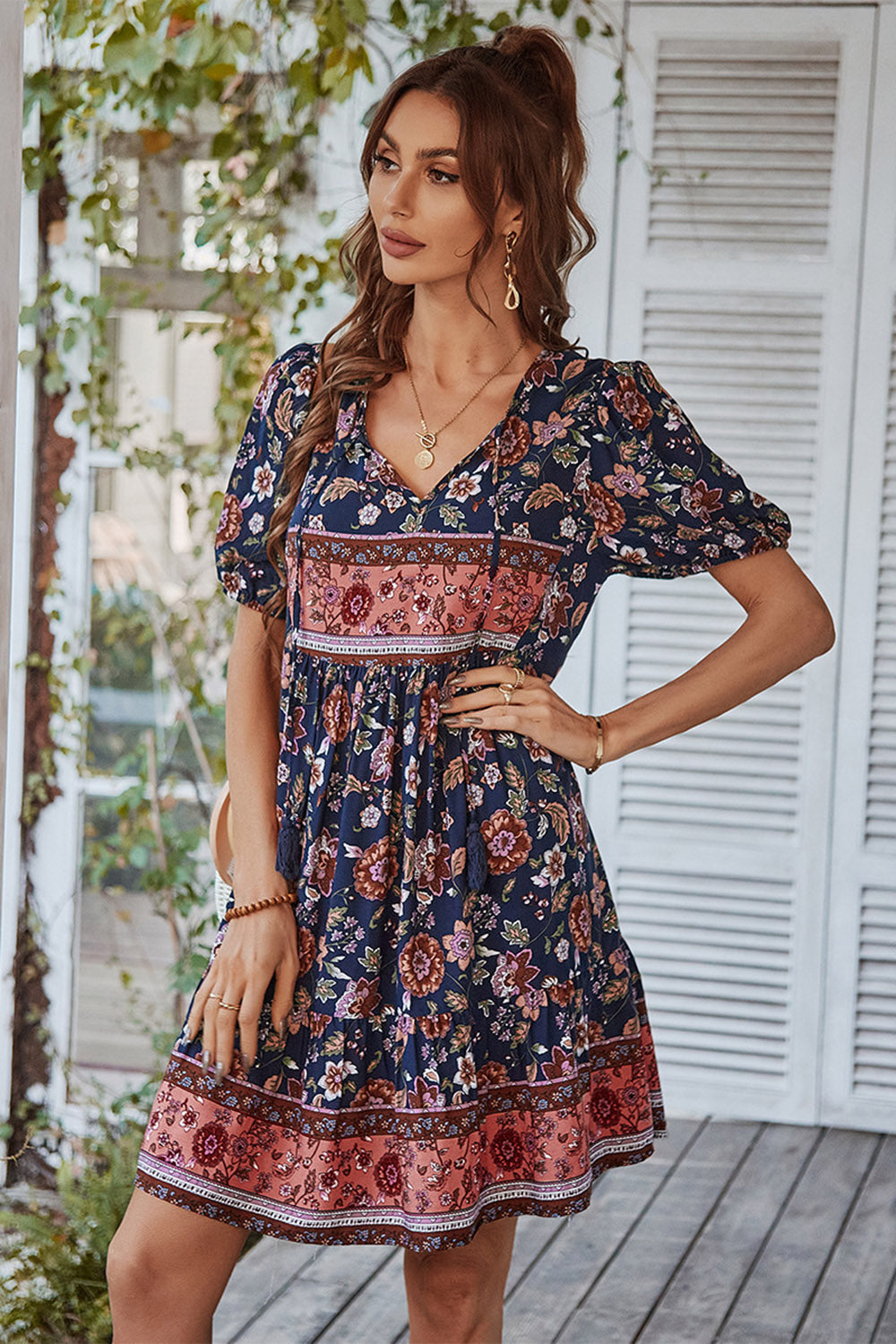 V Neck Bohemian Style Trykt Blå sommerkjole