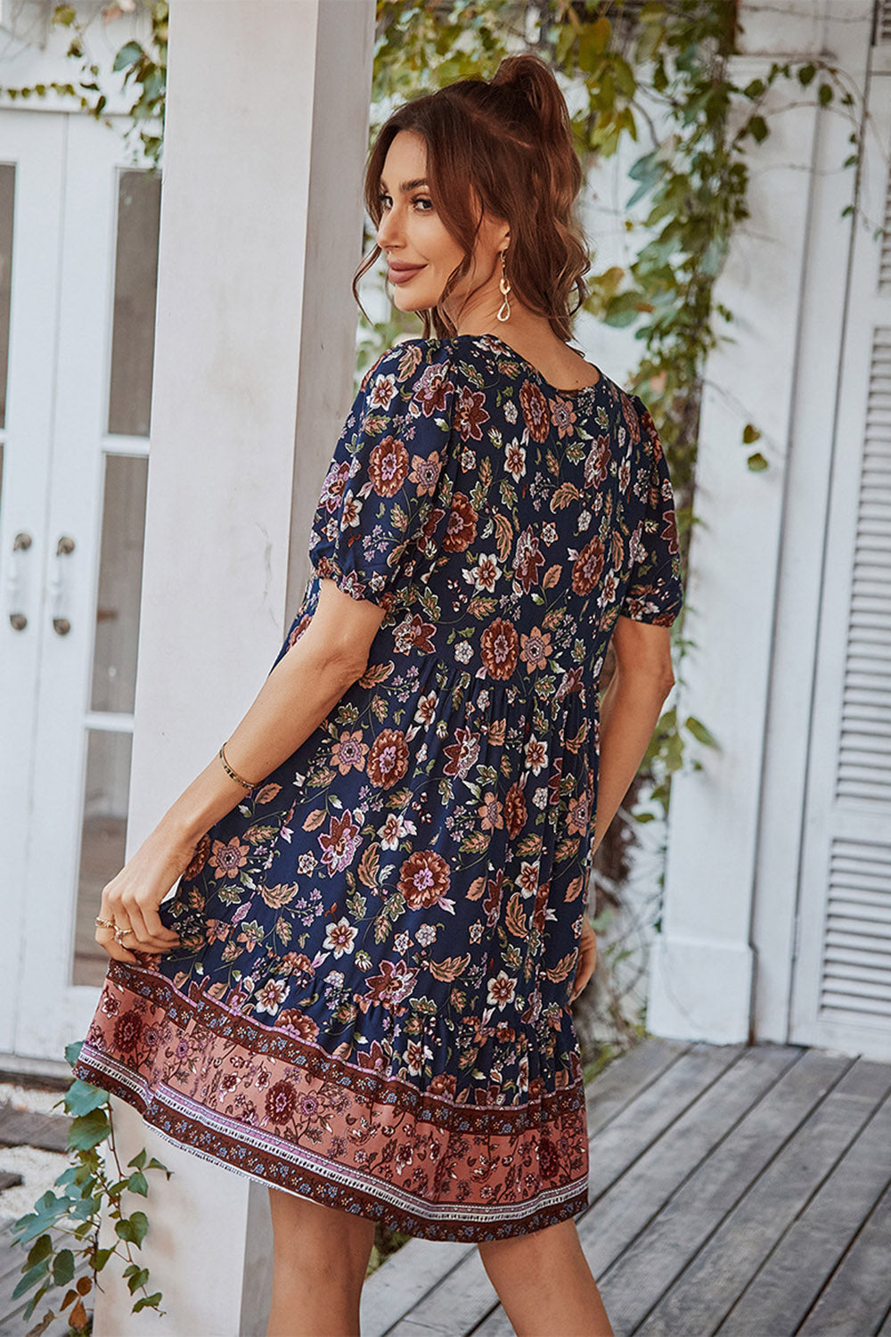 V Neck Bohemian Style Trykt Blå sommerkjole