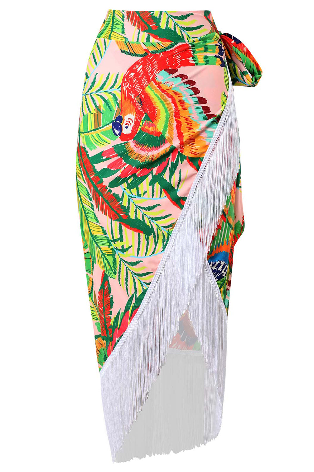 Orange 3 Piece Printed Bikini Set med Tassel Beach Dress