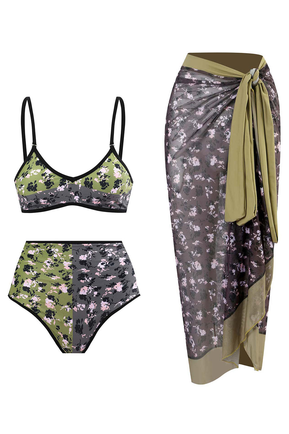 Floral Trykt 3 Piece Bikini Set med Beach Skirt