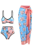 Floral Trykt 3 Piece Bikini Set med Beach Skirt