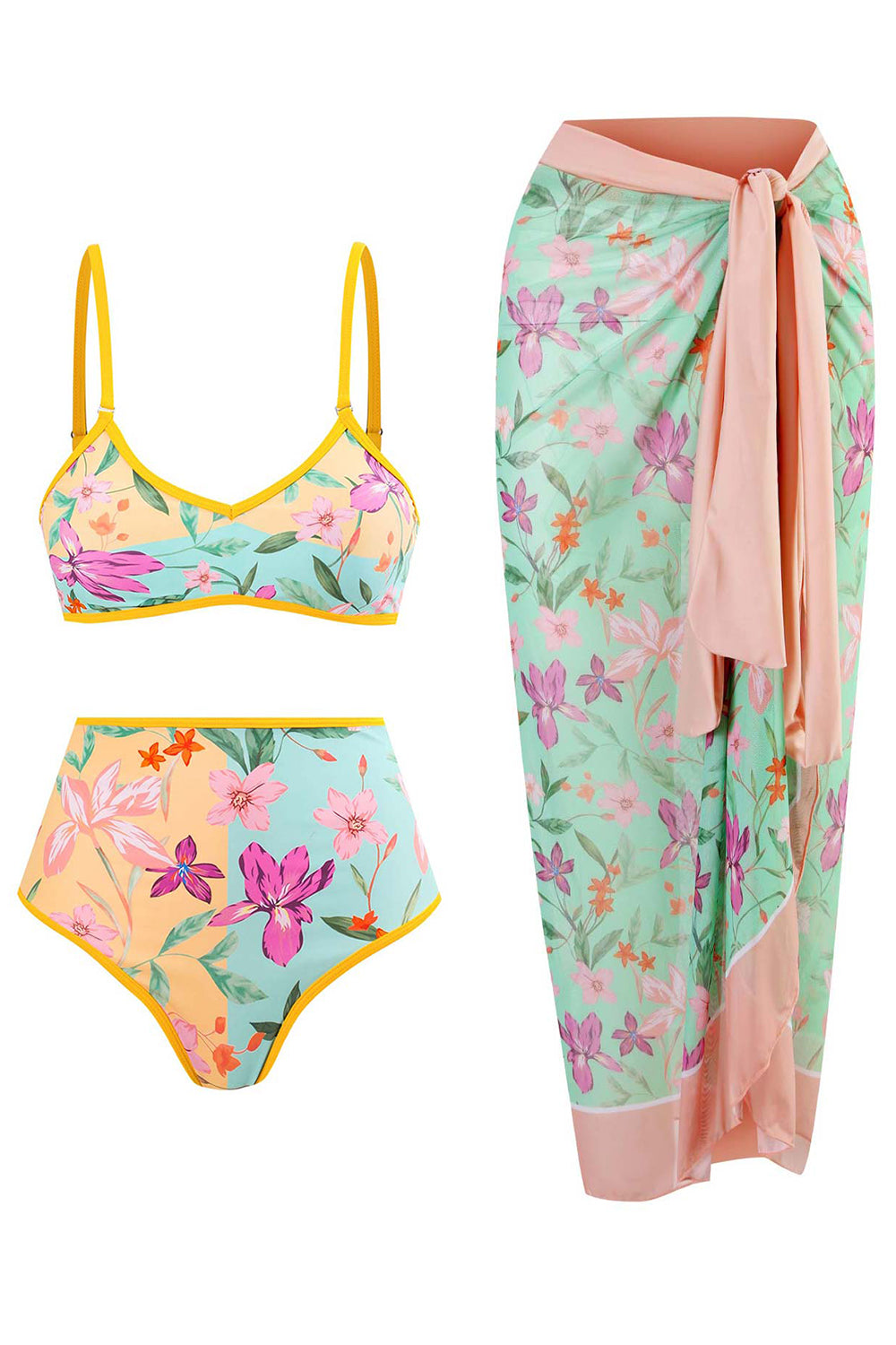 Floral Trykt 3 Piece Bikini Set med Beach Skirt