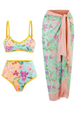 Floral Trykt 3 Piece Bikini Set med Beach Skirt