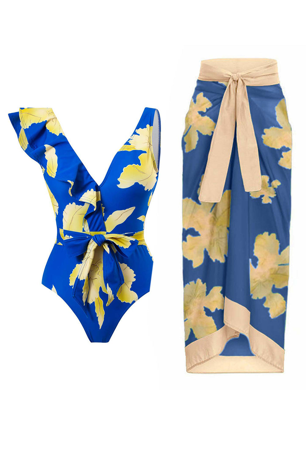 To Piece Trykt Green Bikini Set med Beach Skirt