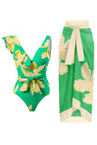 To Piece Trykt Green Bikini Set med Beach Skirt