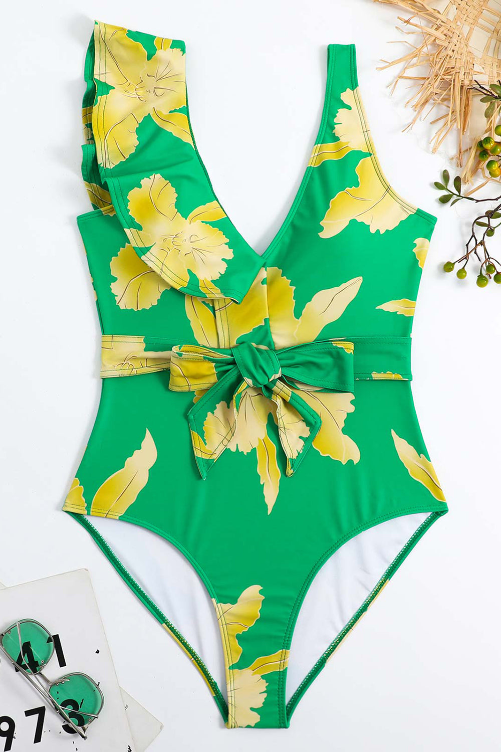 To Piece Trykt Green Bikini Set med Beach Skirt