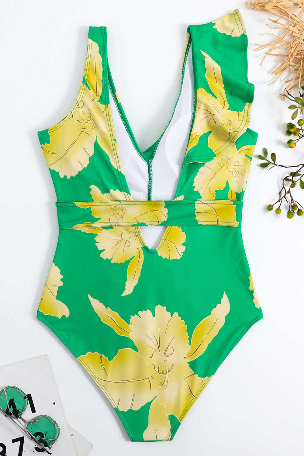 To Piece Trykt Green Bikini Set med Beach Skirt