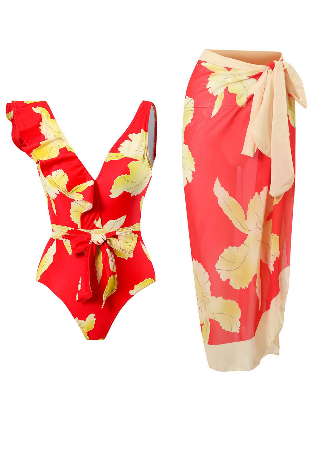 To Piece Trykt Green Bikini Set med Beach Skirt