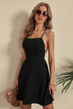 Svart spaghetti stropper Graduacion kjole med Criss Cross Back